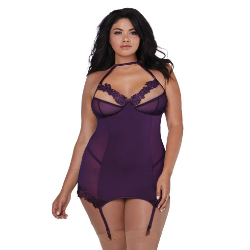 Dreamgirl - Halter neck kjole med strømpeholder - Lilla - Queen size Dreamgirl - Halter neck kjole med strømpeholder - Lilla - Queen size